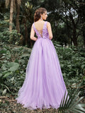 Elegant Scoop Neck Floral Applique Bodice Tulle Evening Dress - Elonnashop