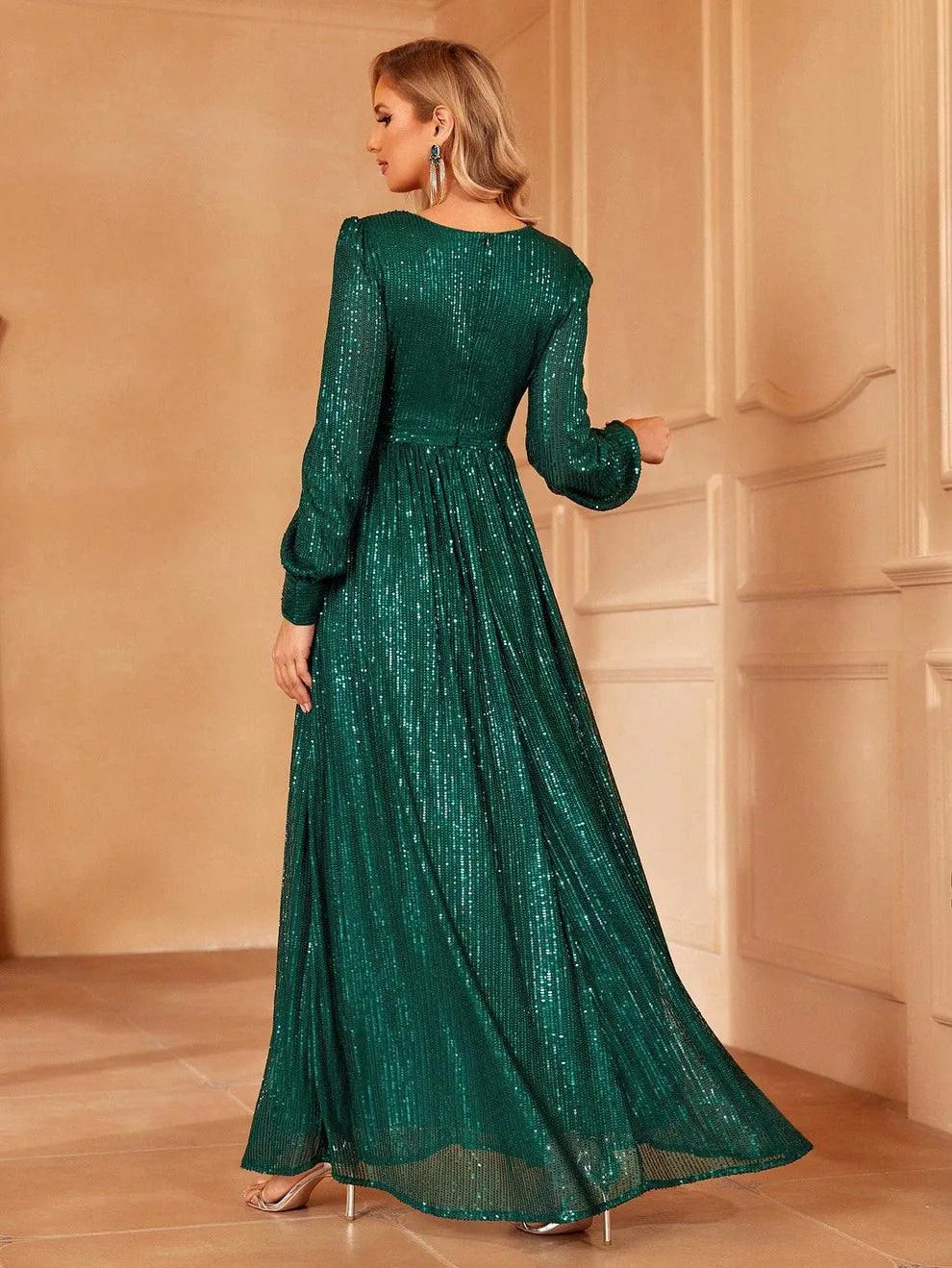 Elegant V Neck Long Sleeves Sequin A Line Dresses - Elonnashop