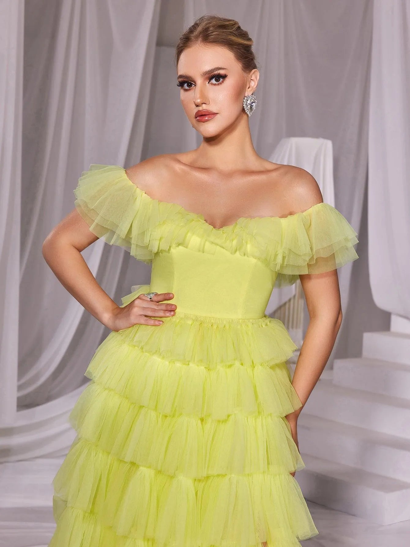 Ruffle Trim Off Shoulder Split Mesh Cake Dress - Elonnashop