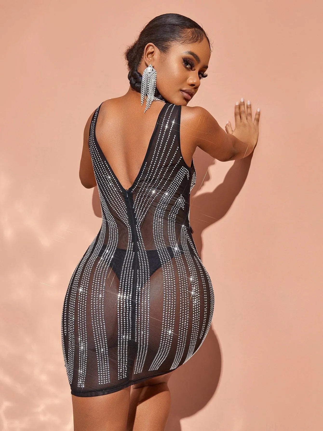sheer mesh mini dress Chic Rhinestone Detail Plunging Neck Sheer Mesh Mini Dress – Elonnashop