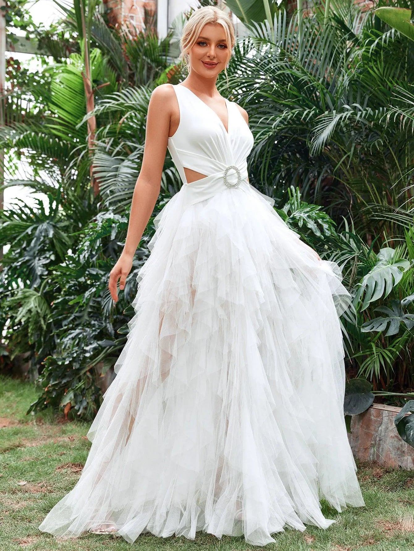 Cut Out Waist Layered Tulle A Line Wedding Dress - Elonnashop