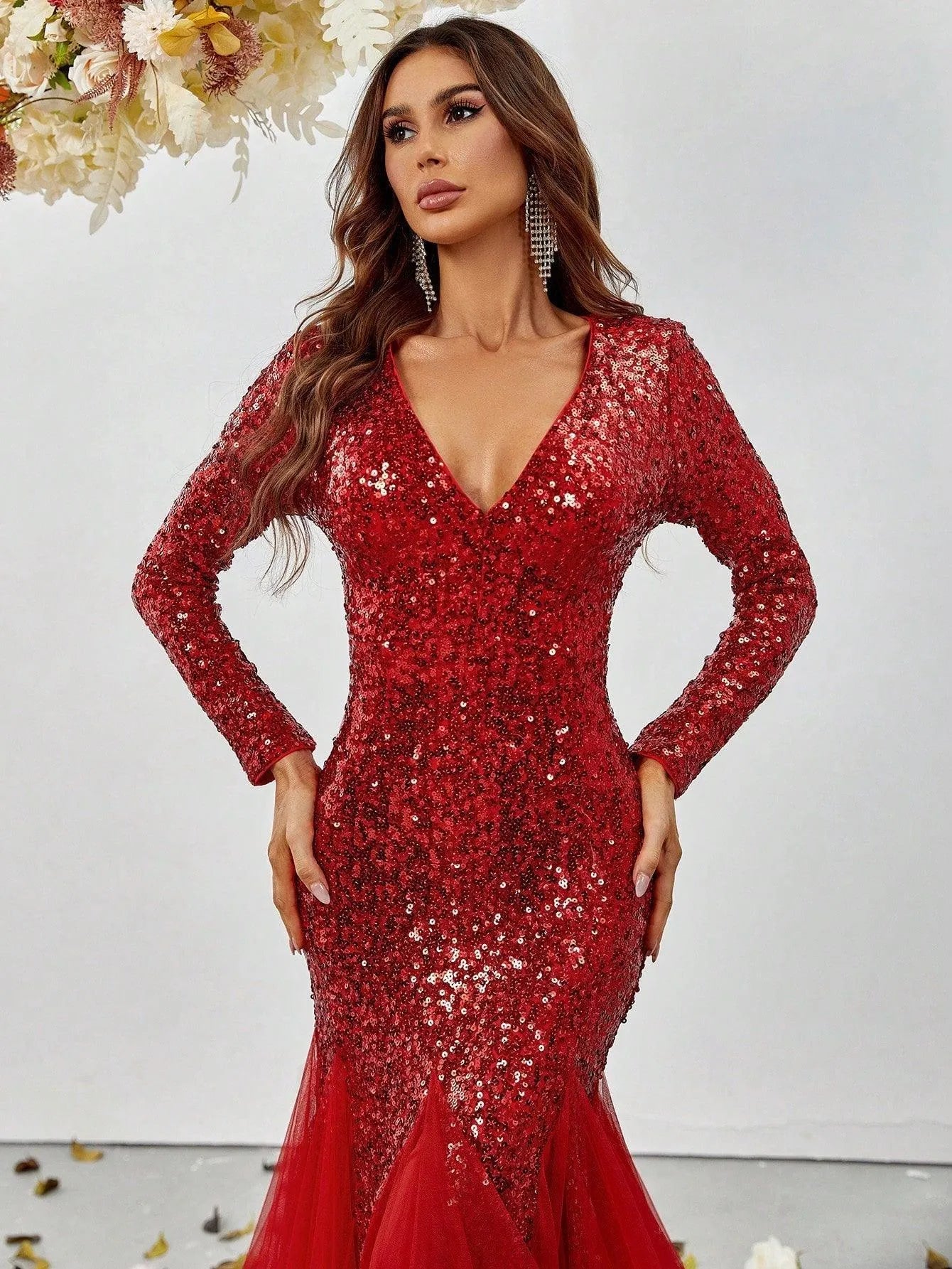 Elegant Long Sleeves Mesh Insert Mermaid Sequin Dress - Elonnashop