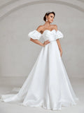 Puff Sleeve Rhinestone Waistband Satin Tube Wedding Dress - Elonnashop