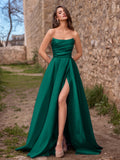 Elegant Strapless Satin Maxi Dress with High Front Slit, Open Back Lace-Up Corset, Flowy A-Line Skirt for Galas, Weddings, Prom