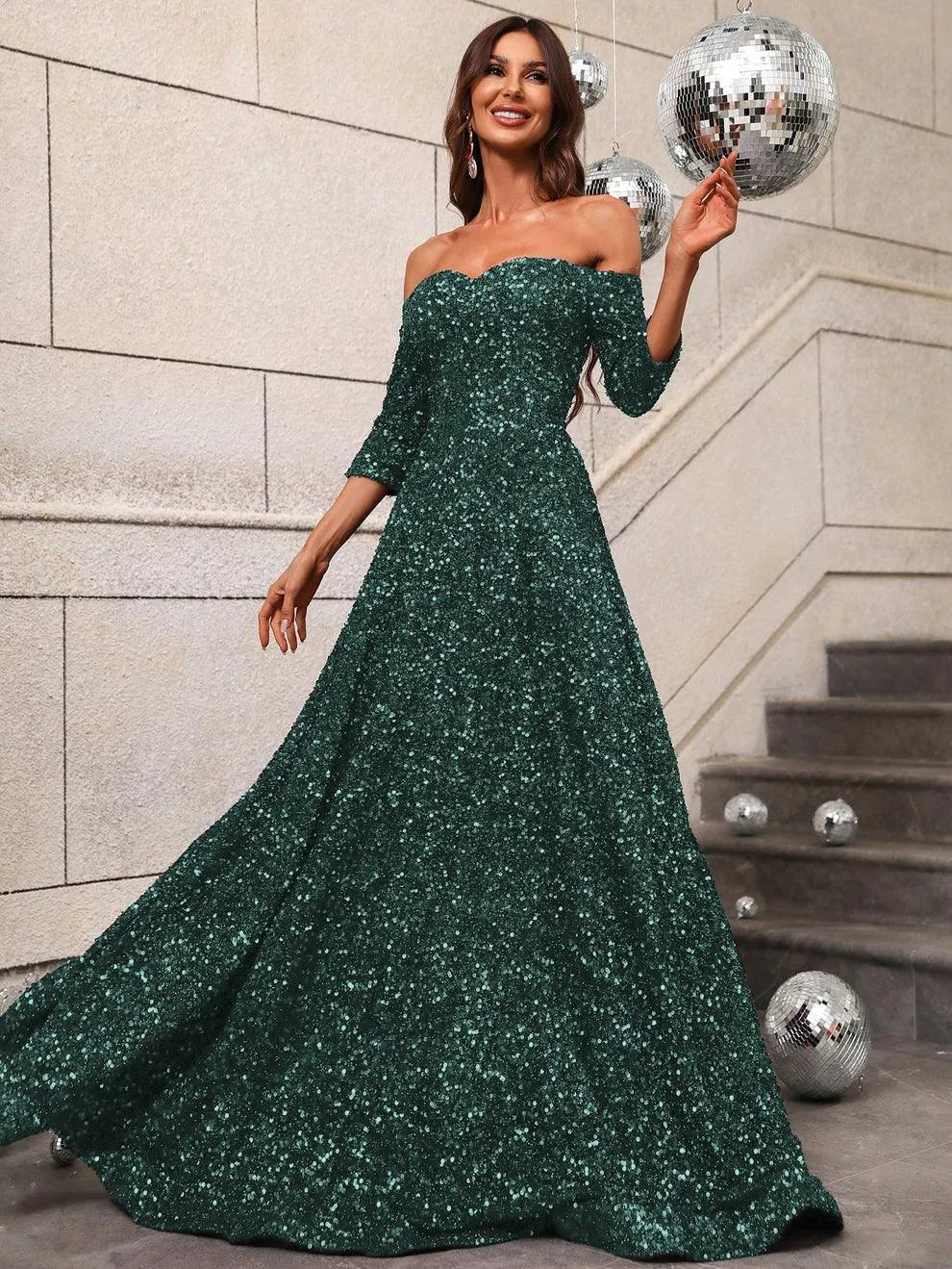 Off Shoulder 3/4 Sleeve Sequin A Line Dress - Elonnashop