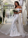 Off Shoulder Sequin Mermaid Hem Wedding Dresses - Elonnashop