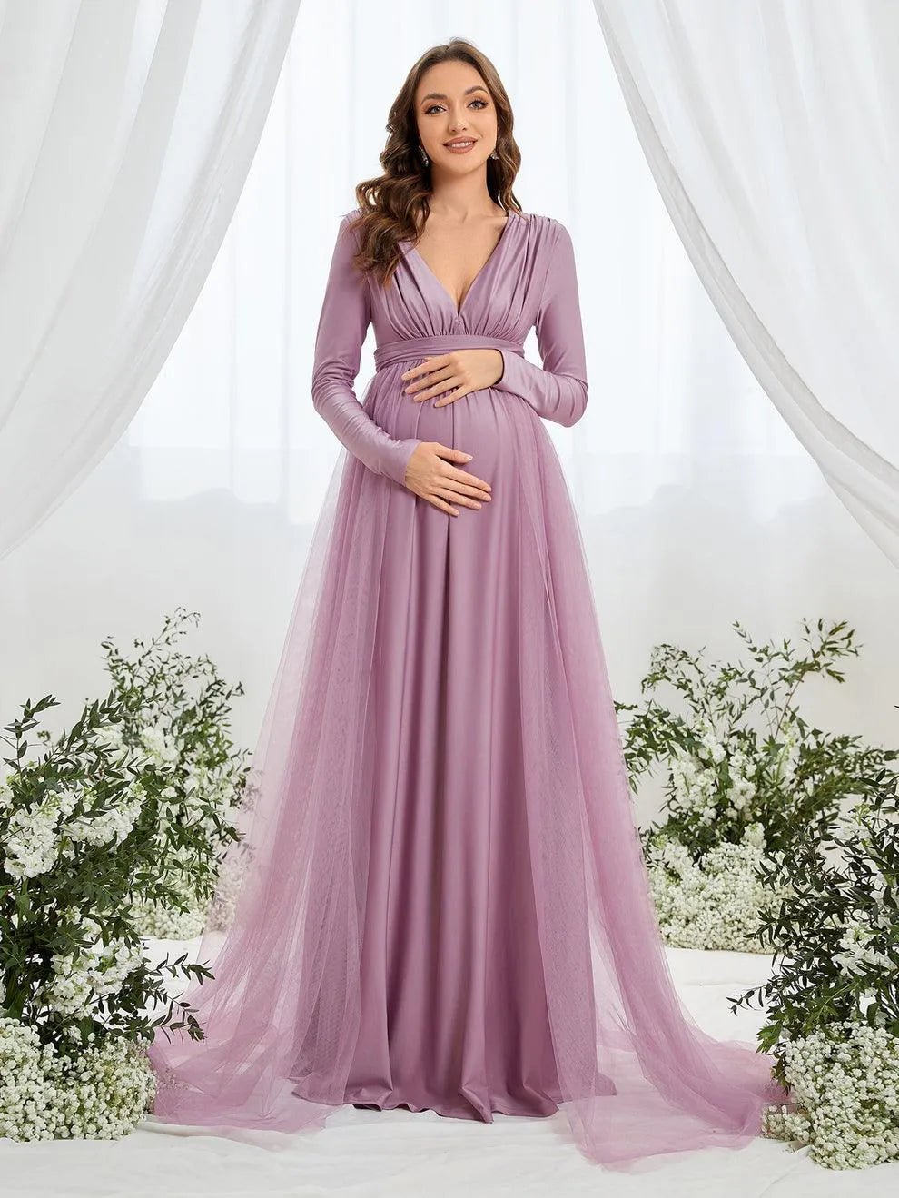 Maternity Plunging Neck Long Sleeve Contrast Mesh Formal Dress - Elonnashop