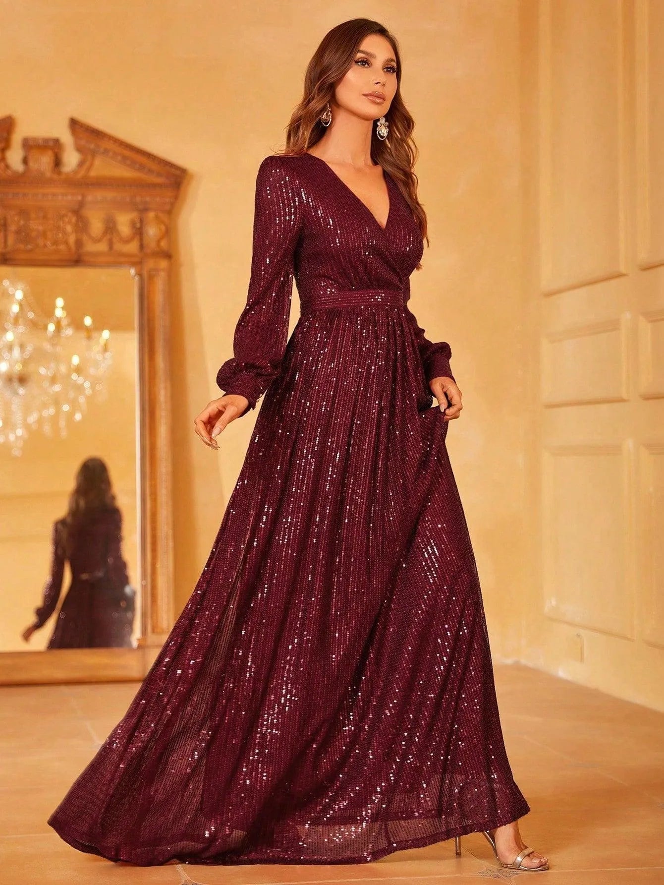 Elegant V Neck Long Sleeves Sequin A Line Dresses - Elonnashop