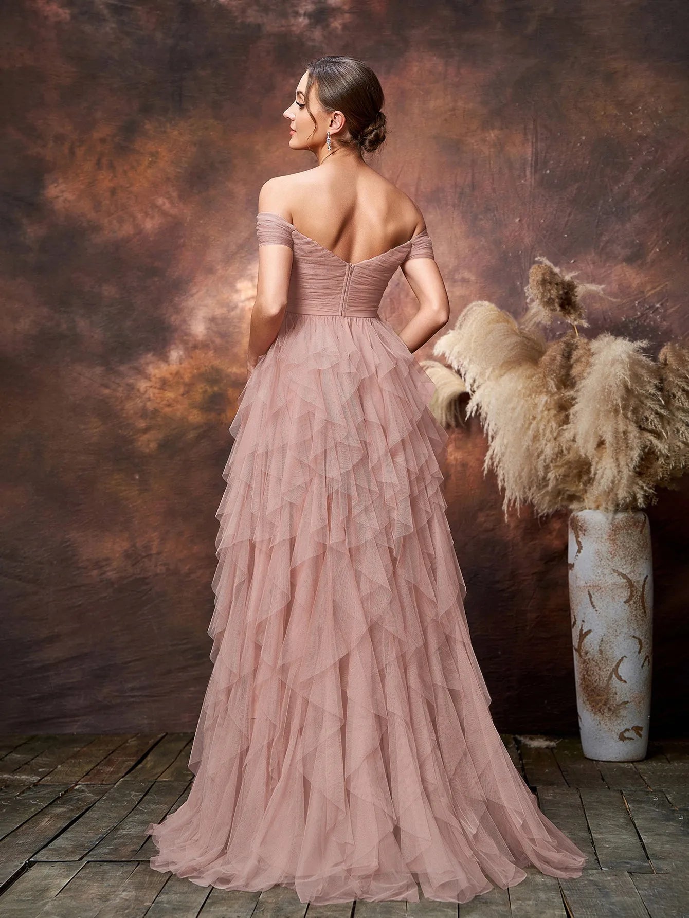 layered ruffle hem dress Chiffon Chiffon Off-shoulder Layered Ruffle Hem Maxi Dress For Date
