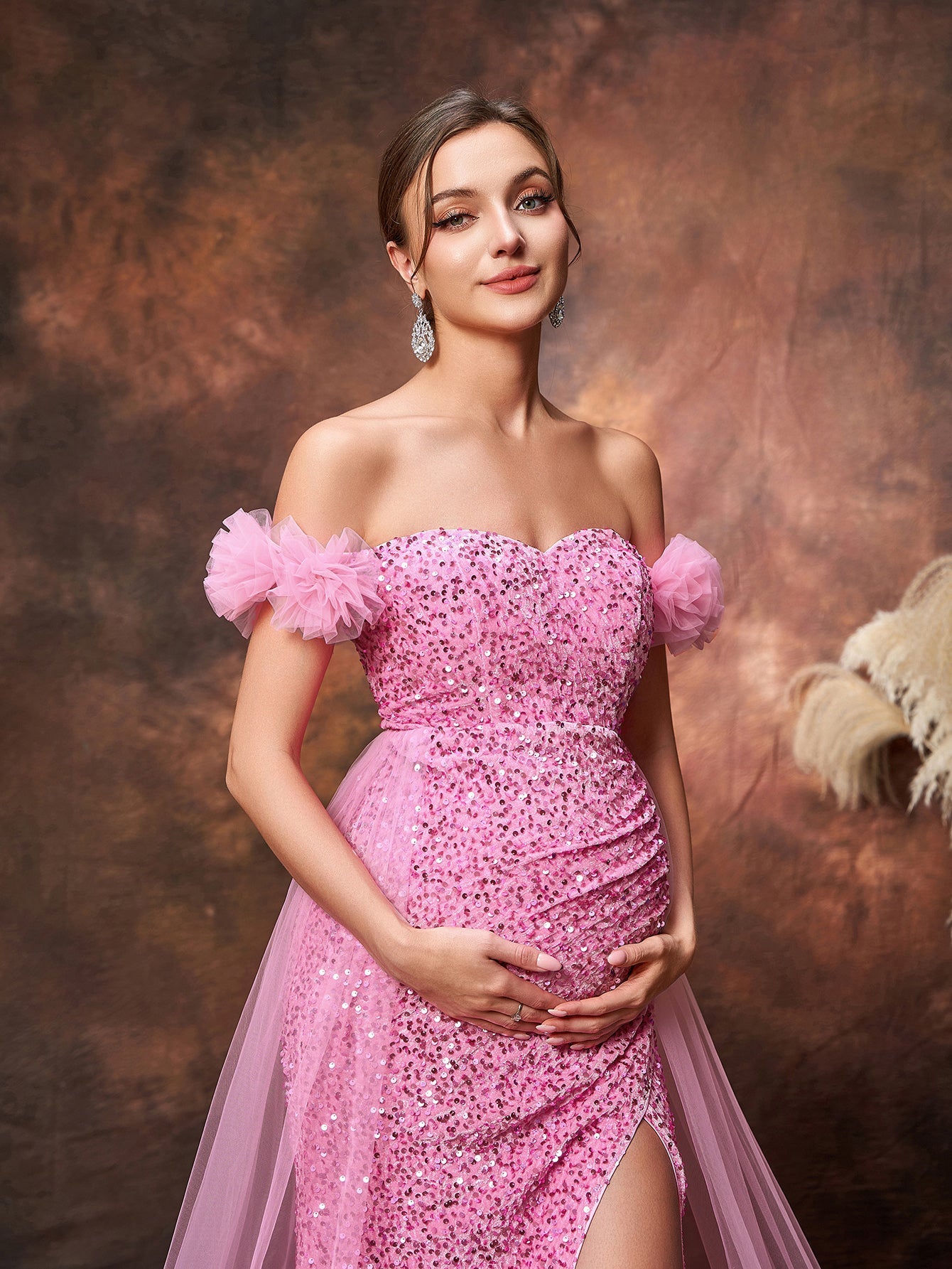 Maternity Off Shoulder Tulle Overlay Split Sequin Party Dress