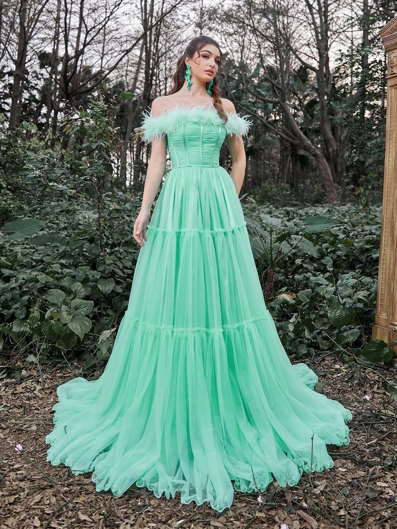Elegant Feather Trim Off Shoulder Layered Tulle Prom Dress Elonnashop Elegant Feather Trim Off Shoulder Layered Tulle Prom Dress Elonnashop
