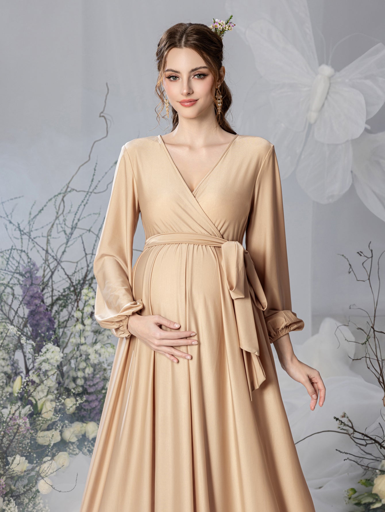 Maternity Surplice Neck A  Line Belted Dress