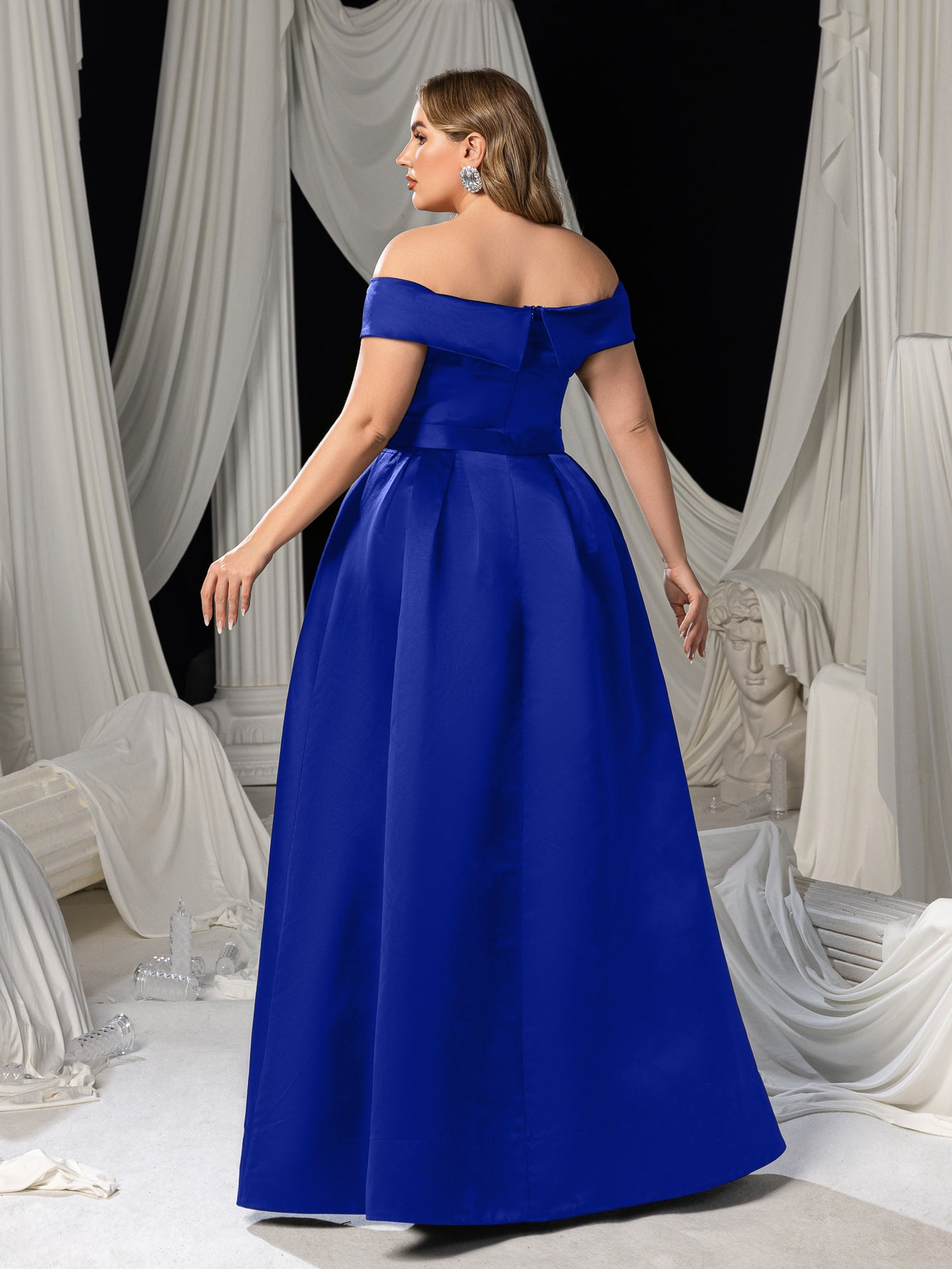 Plus Off Shoulder Buckle Belted Satin Ball Gown Evening Dress