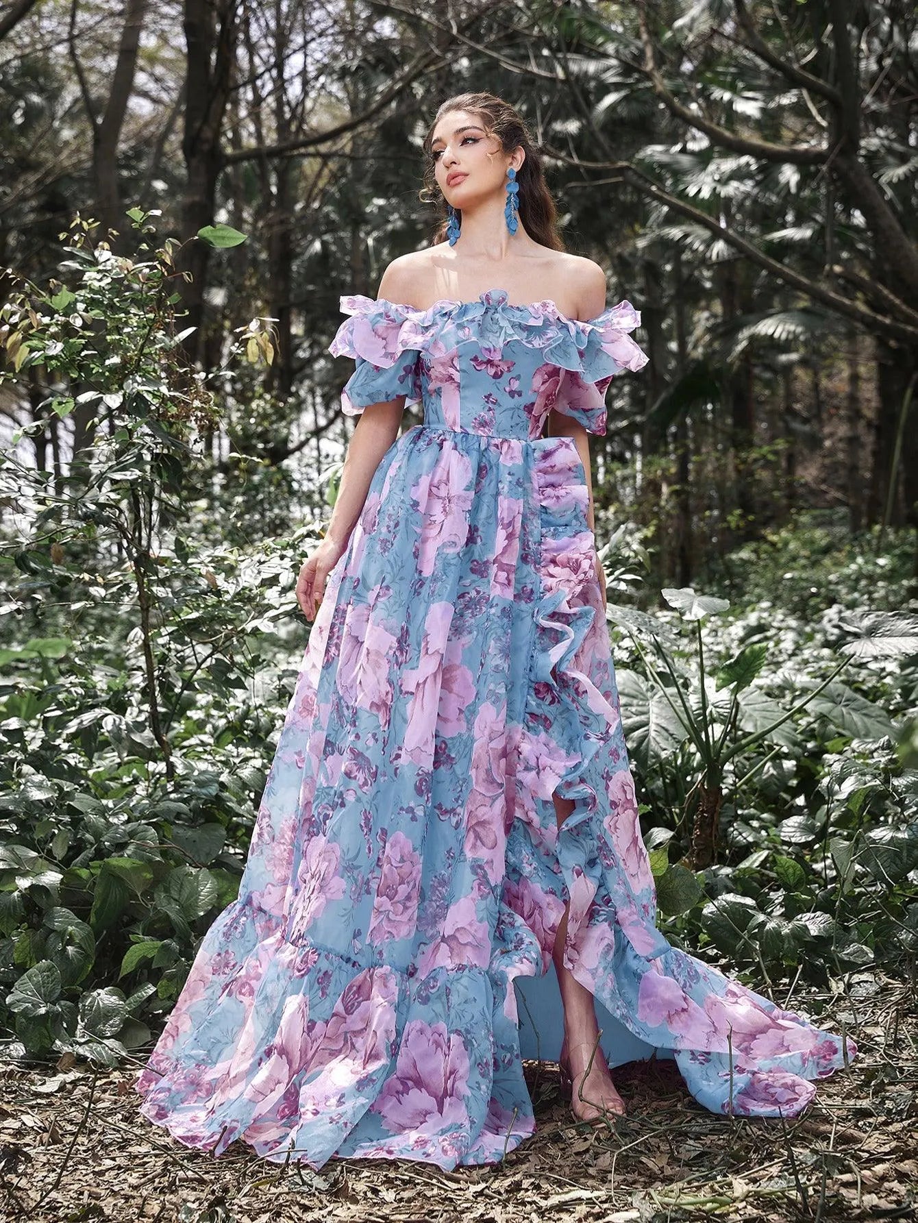 Elegant Ruffle Trim Off Shoulder Floral Organza Prom Dress - Elonnashop