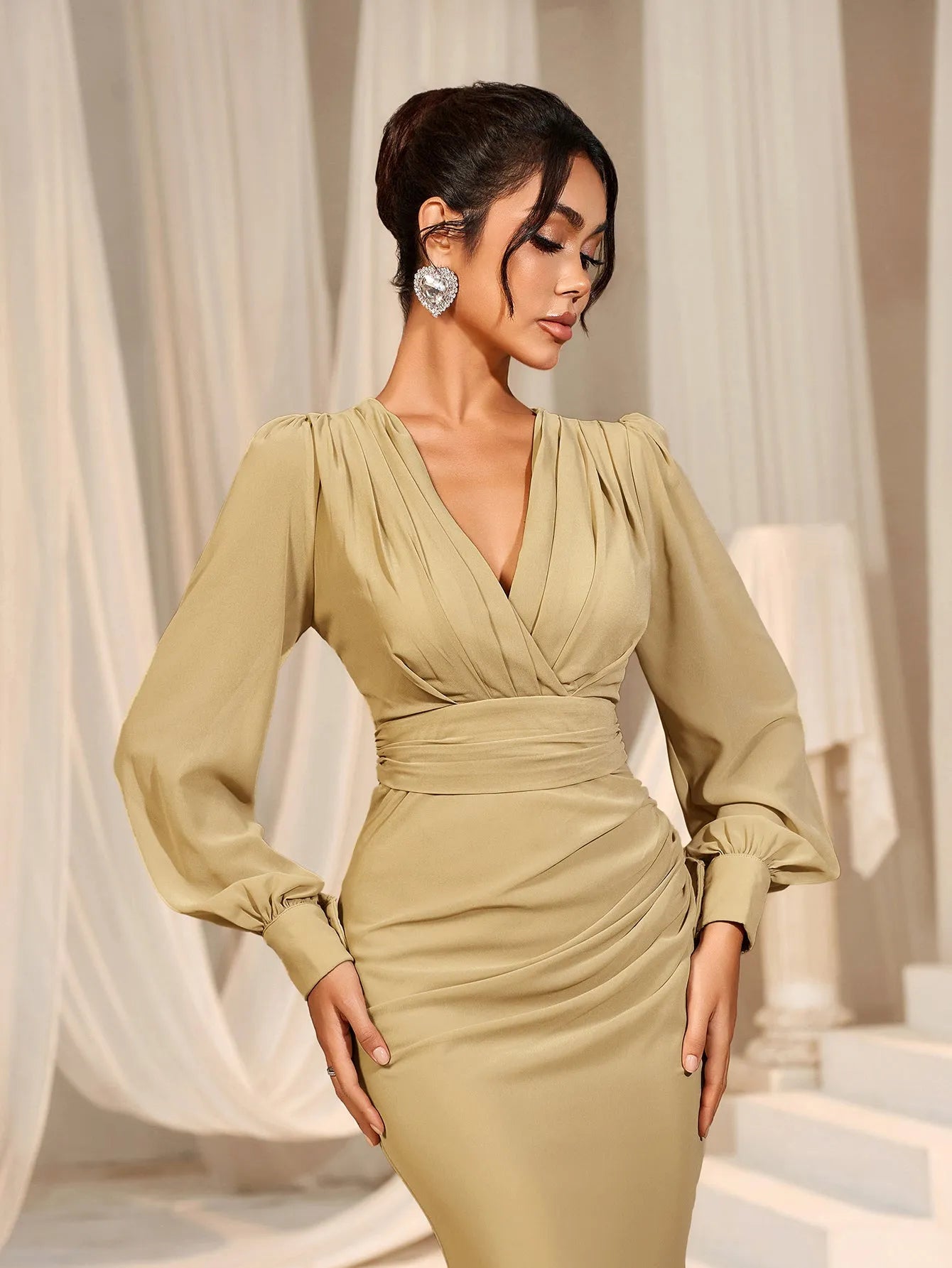 Surplice Neck Lantern Sleeve Chiffon Mermaid Dress