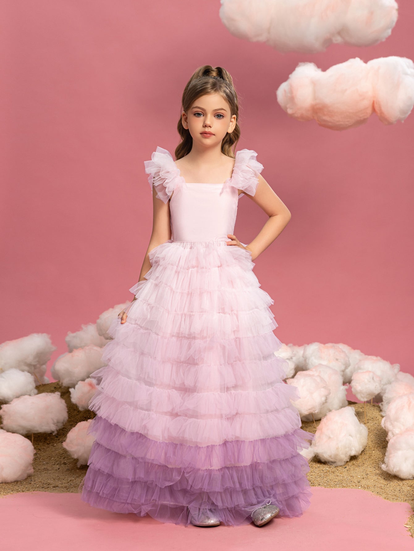 Tween Girls' Ruffle Trim Gradient  Layered Hem Cake Dress