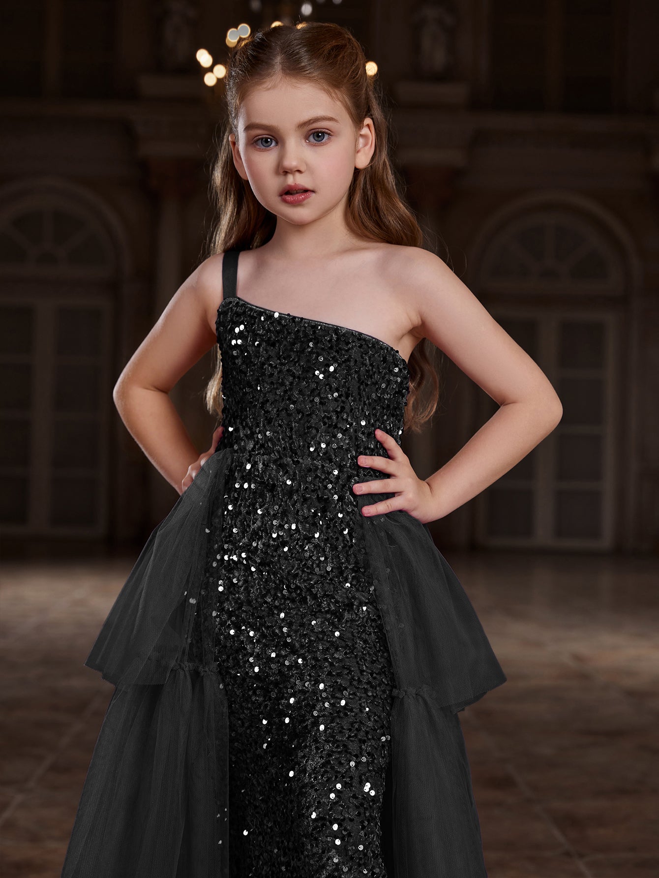 Tween Girls' One Shoulder Sleeveless Contrast Mesh Sequin Dress – Elonnashop Tween Girls' One Shoulder Sleeveless Contrast Mesh Sequin Dress – Elonnashop