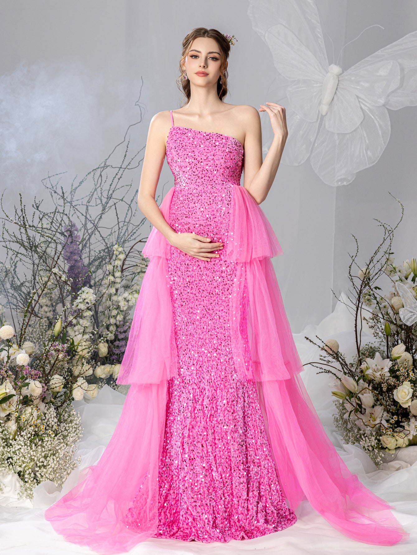 Maternity One Shoulder Layered Mesh Overlay Sequin Party Dress Elonnashop Maternity One Shoulder Layered Mesh Overlay Sequin Party Dress Elonnashop