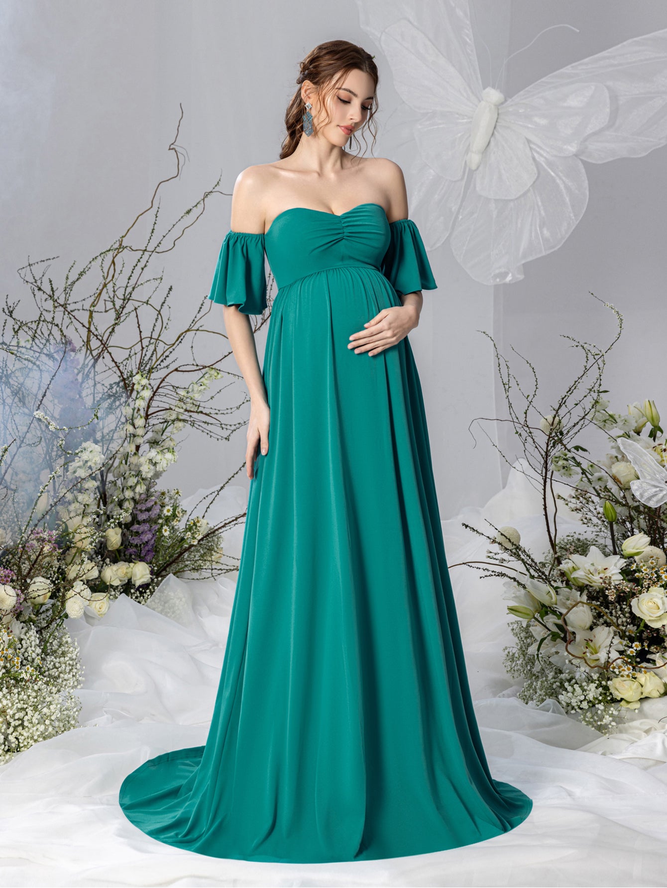 Maternity Off Shoulder Flared Sleeves Maxi Prom Dress