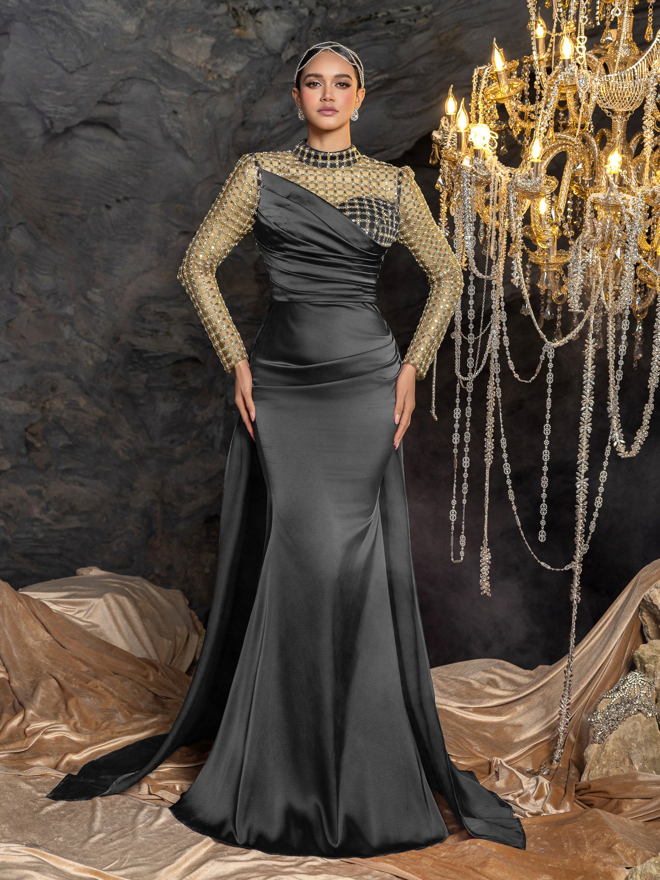 Elegant Beaded Sheer Long Sleeve Gown | High Neck & Satin Mermaid Skirt