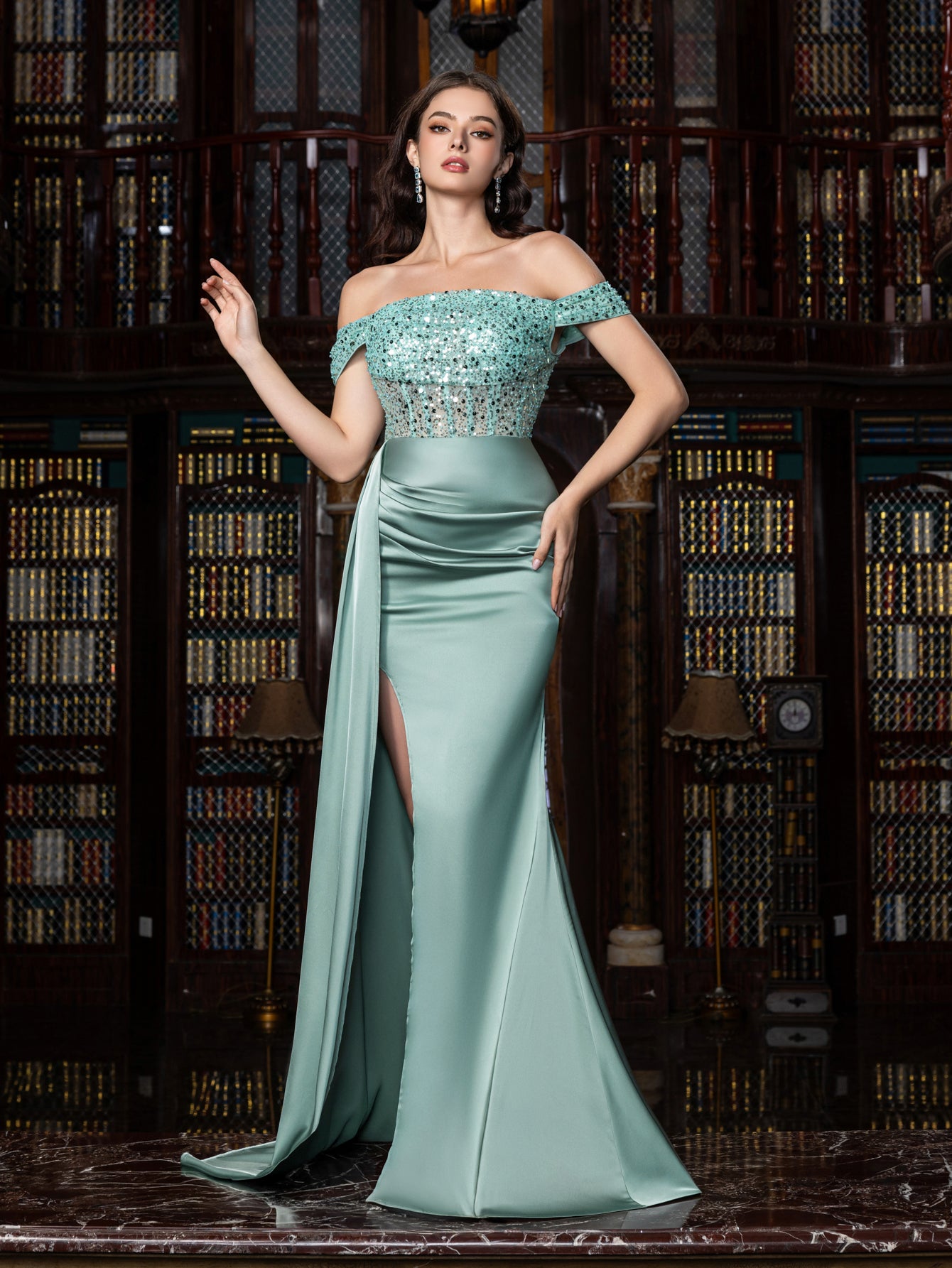 Elegant Off-Shoulder Gown with High Slit & Beaded Bodice Luxury Sat Mint / L Elegant Off-Shoulder Gown with High Slit & Beaded Bodice Luxury Sat Mint / L