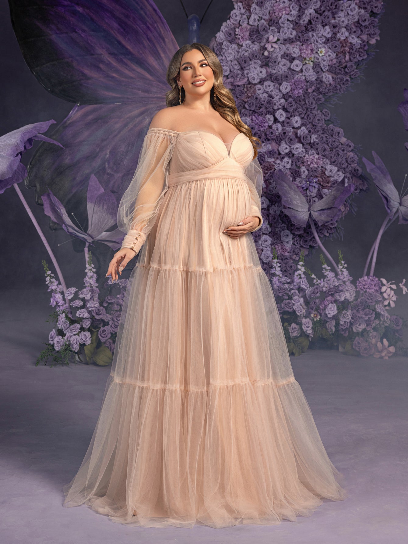 Plus Maternity Off Shoulder Bishop Sleeves Layered Tulle Photography Dress