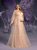 Plus Maternity Off Shoulder Bishop Sleeves Layered Tulle Photography Dress