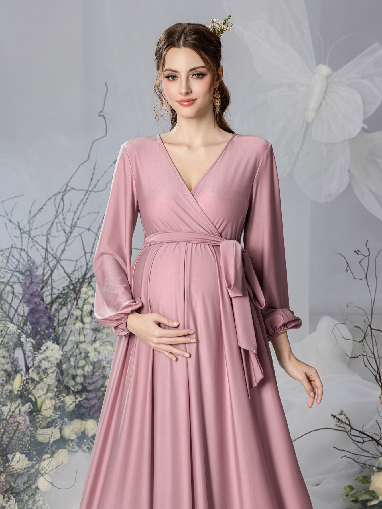 Maternity Surplice Neck A  Line Belted Dress