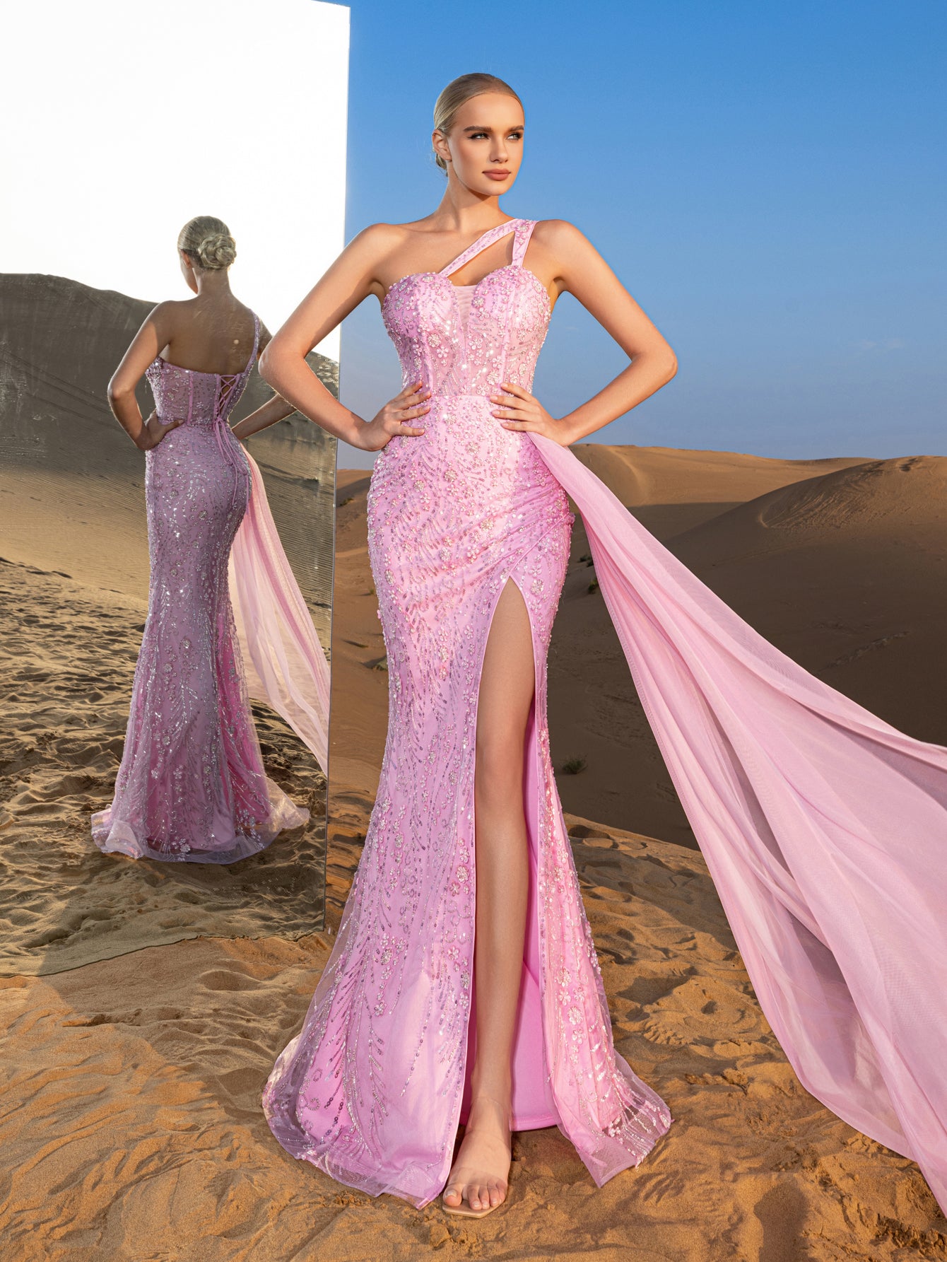 luxury split dresses One shoulder Long sleeves Ruffles High Split Pink Prom Dresses