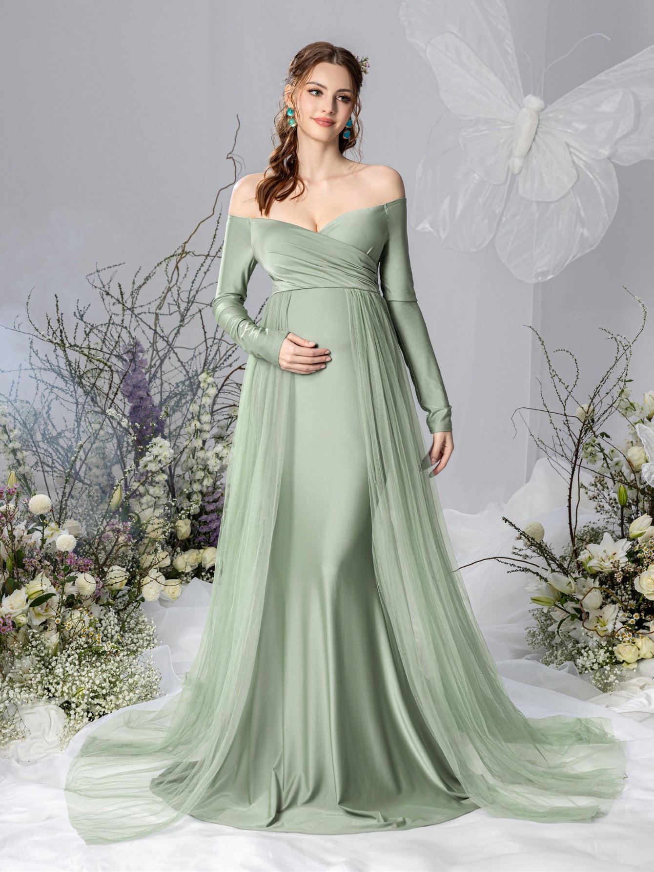 Maternity Off Shoulder Contrast Mesh Mermaid Dress