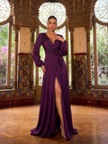 Elegant V Neck Slit Long Sleeve A-Line Dress
