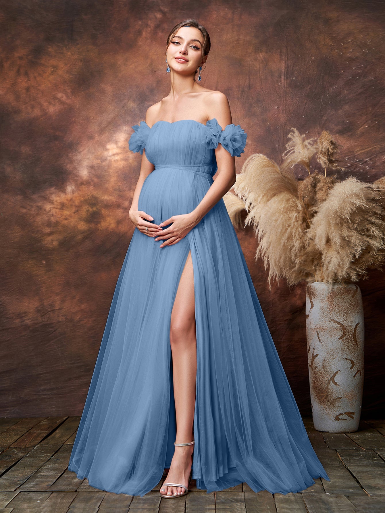 Maternity Off Shoulder Ruched Bust Split Tulle Evening Dress