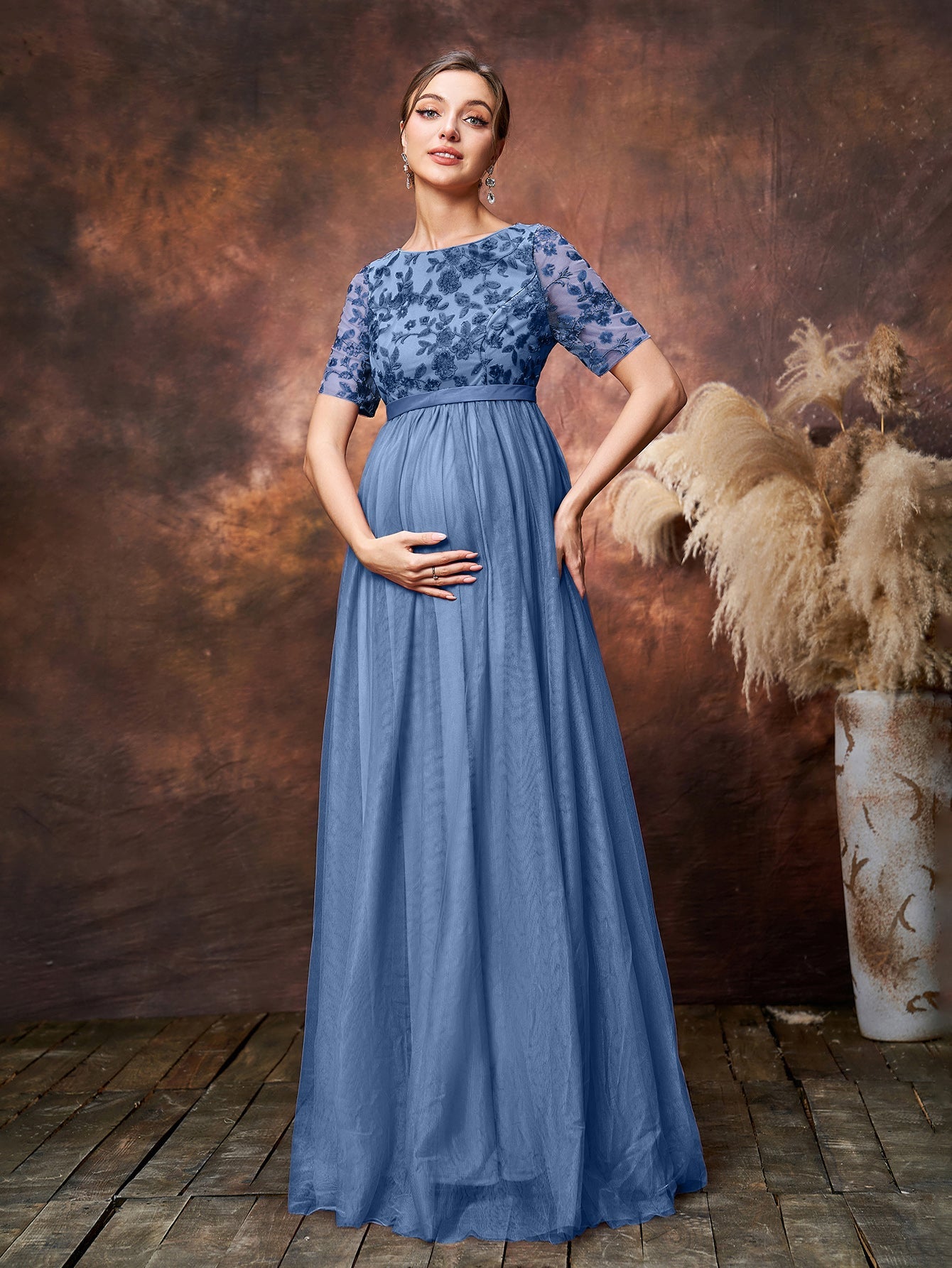 Maternity Floral Sequin Embroidered Bodice Formal Party Dress