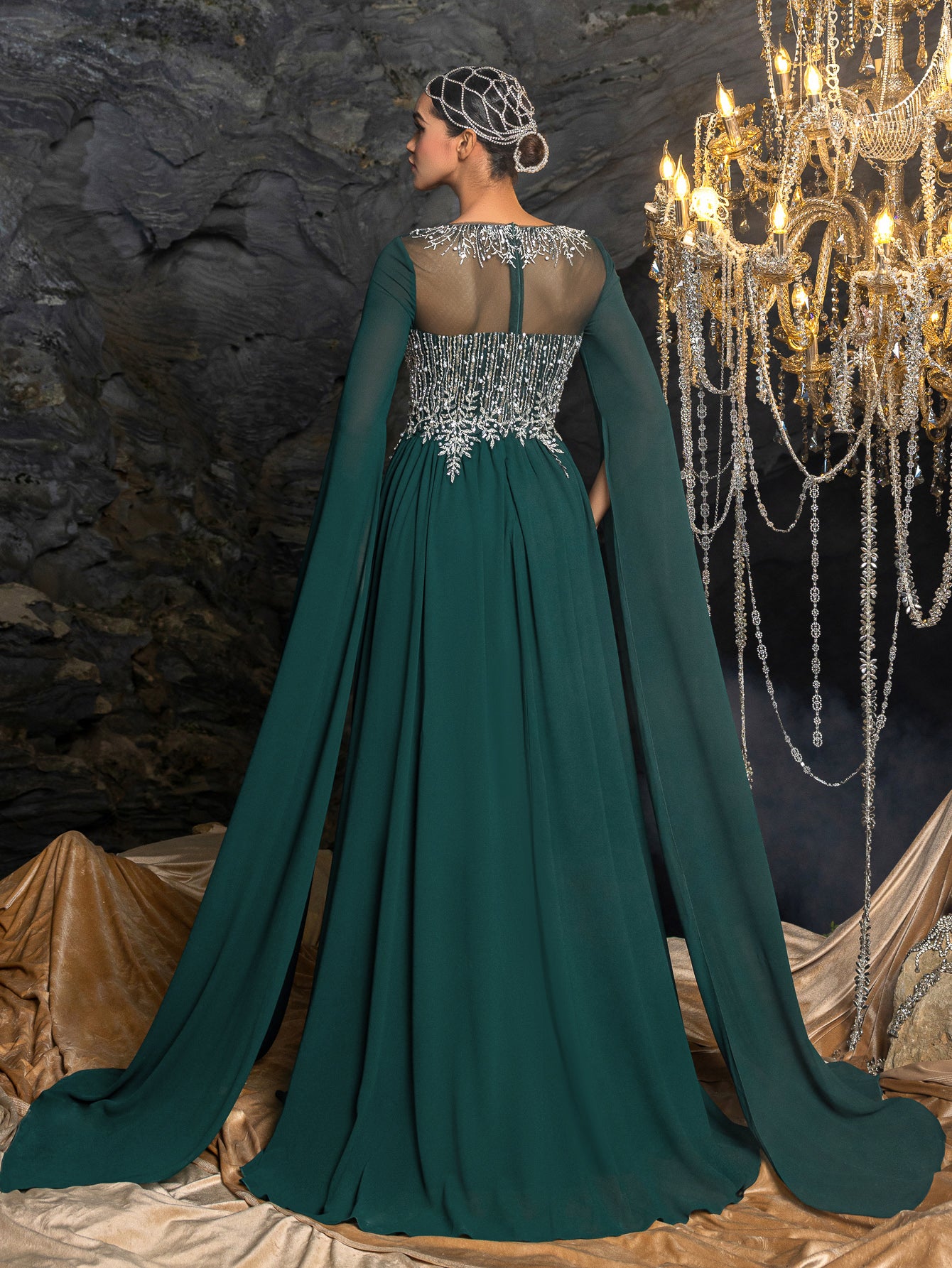 Chiffon evening gown, embroidered bodice, beaded evening dress, voluminous bell sleeves, sheer mesh neckline, sleeveless back evening gown, flowy floor-length skirt, transparent chiffon dress, elegant formal gown, lightweight chiffon evening wear, gala Chiffon evening gown, embroidered bodice, beaded evening dress, voluminous bell sleeves, sheer mesh neckline, sleeveless back evening gown, flowy floor-length skirt, transparent chiffon dress, elegant formal gown, lightweight chiffon evening wear, gala