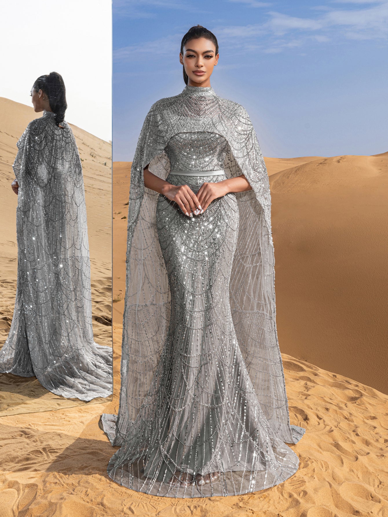 Luxury Gorgeous Mock Neck Mermaid Hem Beaded Sequin Cape Dress