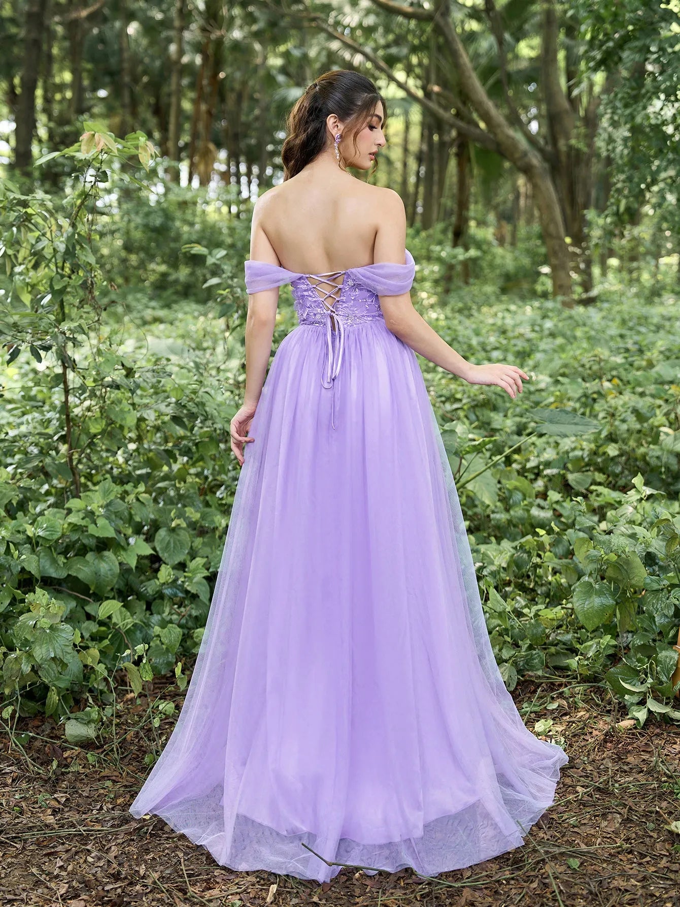 Gorgeous Off Shoulder Floral Beaded Bodice Tulle Prom Dress