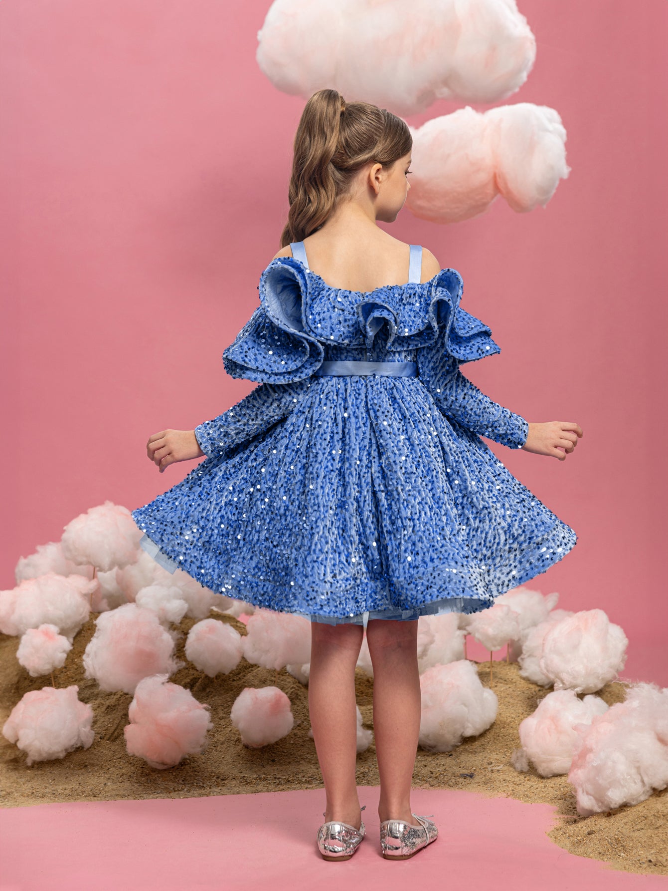 Tween Girls' Off Shoulder Layered Ruffle Trim Sequin Party Dress