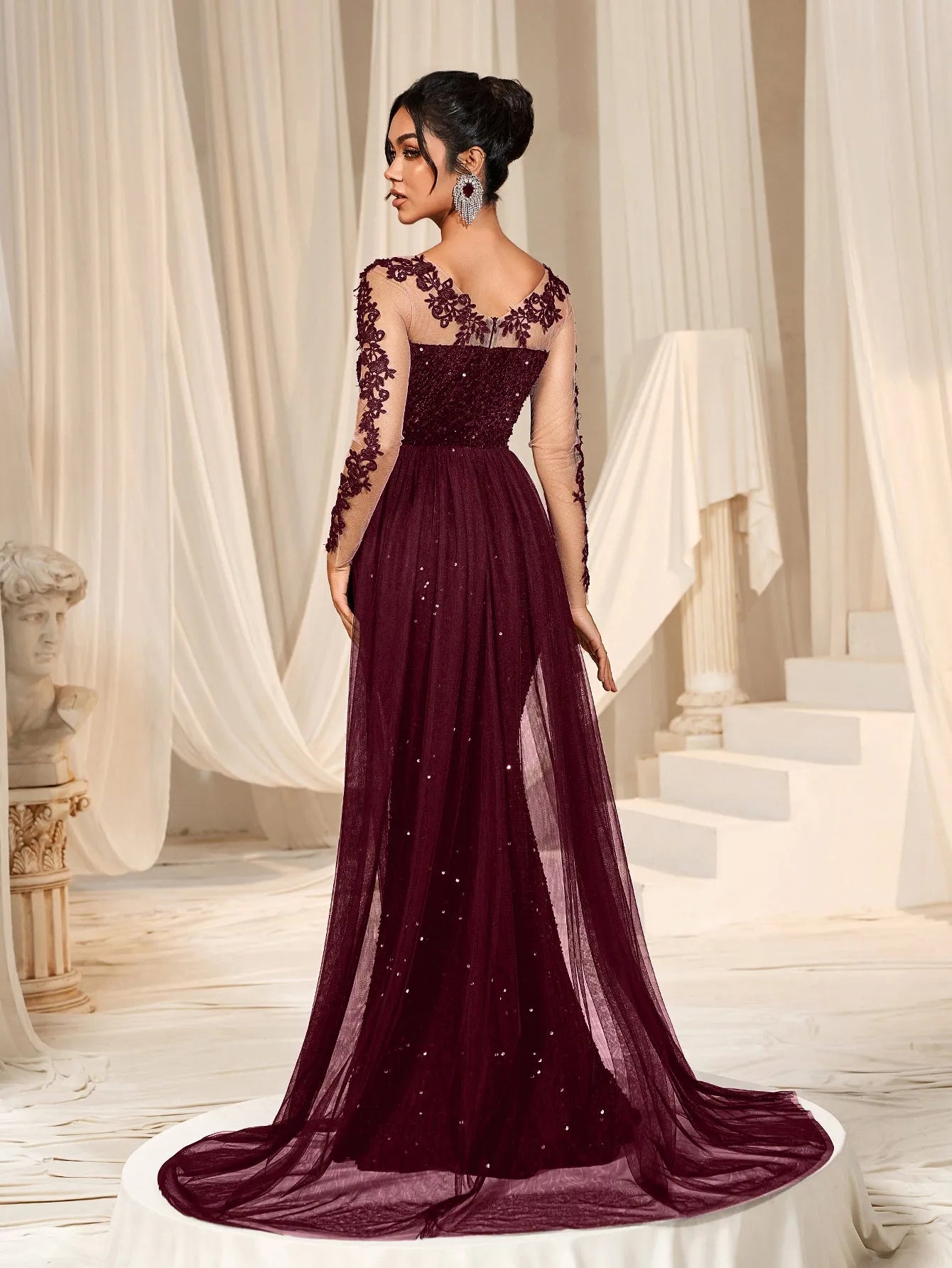 Elegant Sheer Sleeves Mesh Train Sequin Evening Dress Burgundy / L Elegant Sheer Sleeves Mesh Train Sequin Evening Dress Burgundy / L
