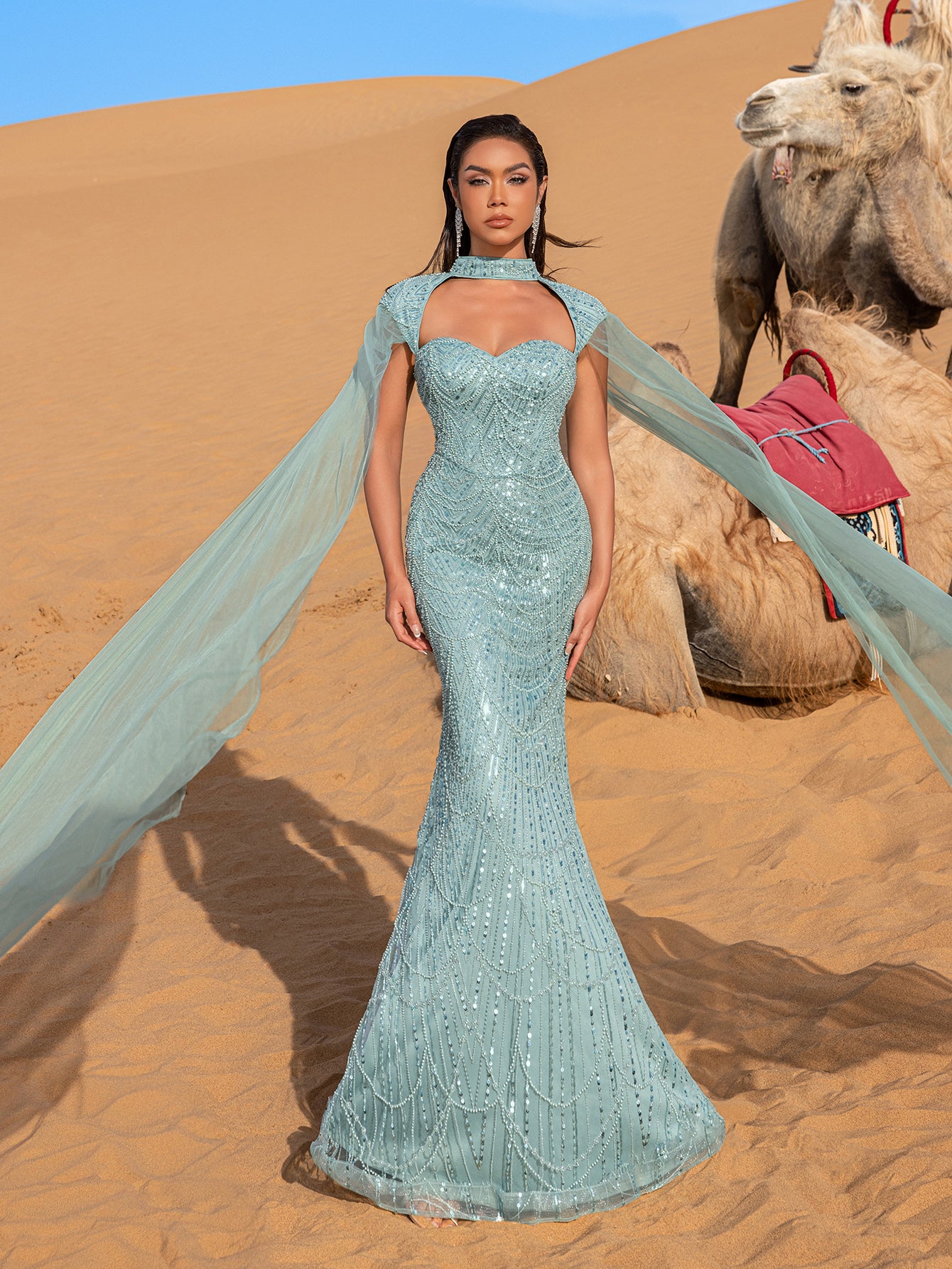Gorgeous Choker Neck Backless Extra-Long Sleeves Beaded Formal Dress Light Blue / M Gorgeous Choker Neck Backless Extra-Long Sleeves Beaded Formal Dress Light Blue / M