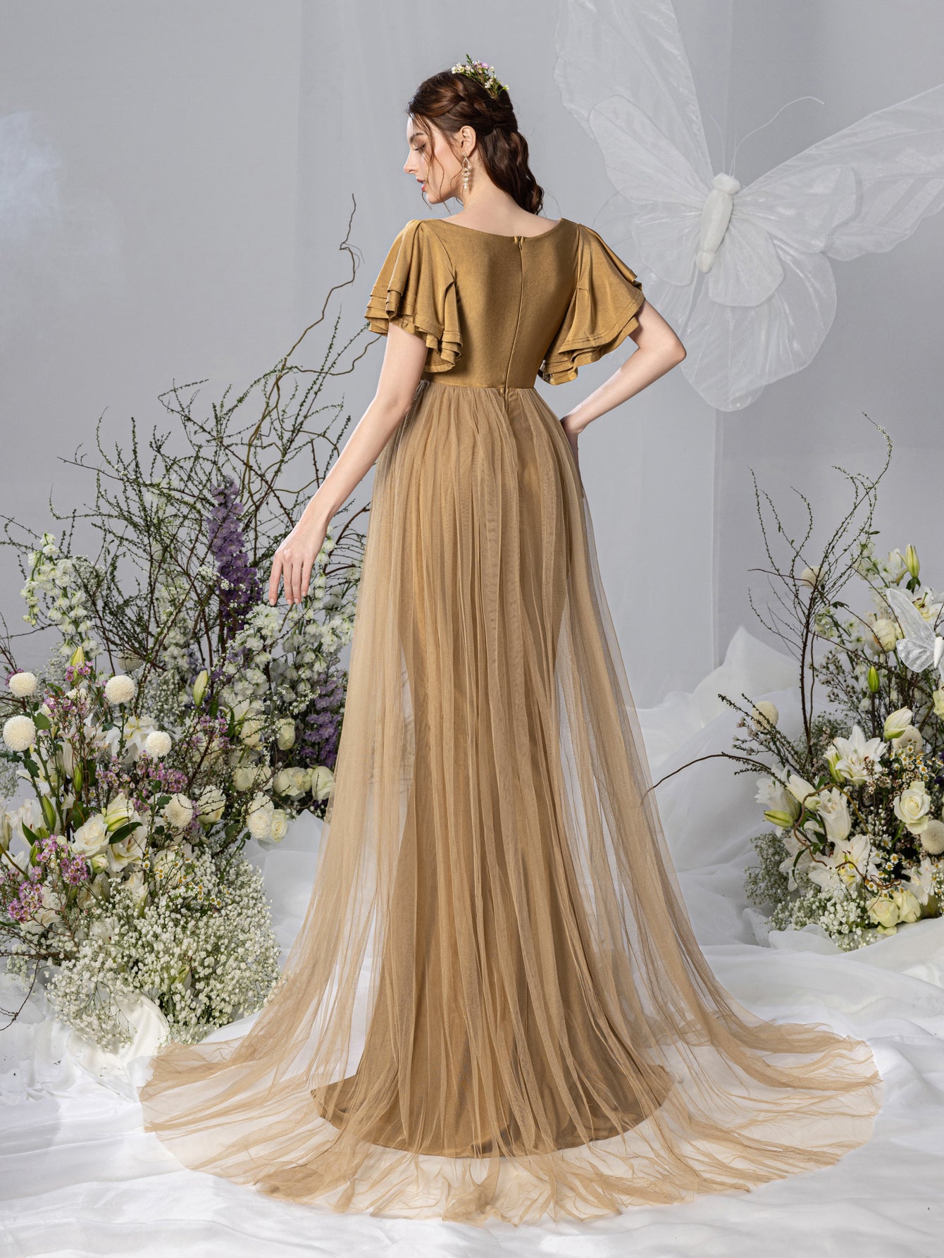 Maternity Plunging Neck Layered Ruffle Sleeve Mermaid Dress Gold / M Maternity Plunging Neck Layered Ruffle Sleeve Mermaid Dress Gold / M