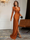 Elegant V Neck Long Sleeve Split Thigh Formal Dress - Elonnashop