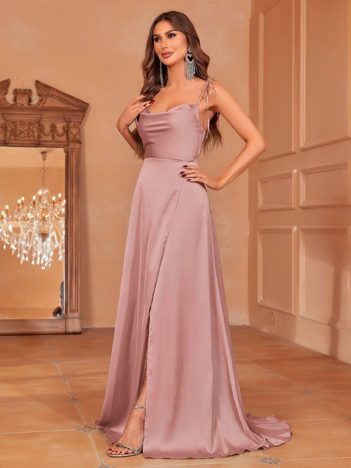 Elegant Tie Shoulder Satin Bridesmaid Dress Navy Blue / M Elegant Tie Shoulder Satin Bridesmaid Dress Navy Blue / M