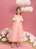 Tween Girls' Puff Sleeve Sequin Contrast Mesh Party Dress