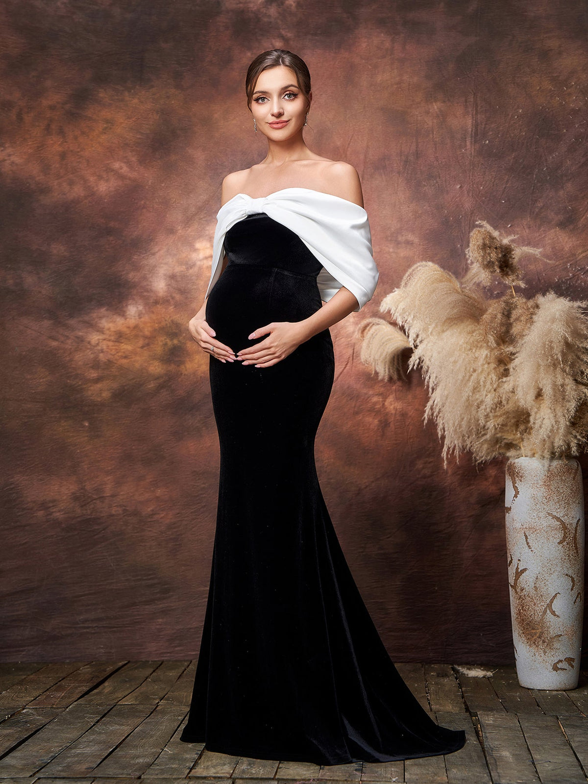 Maternity Color Block Off Shoulder Mermaid Hem Evening Dress