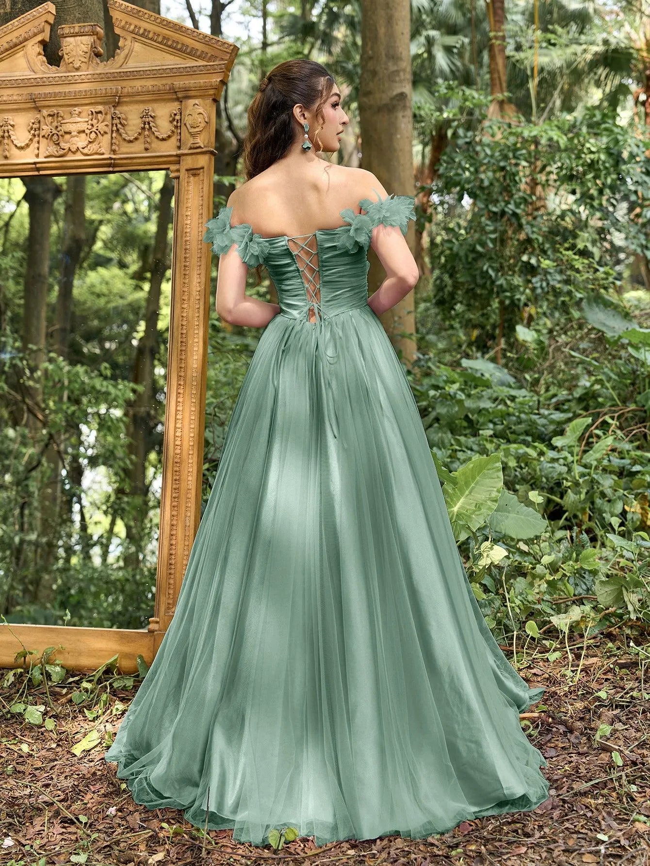 Elegant Off Shoulder Ruched Bust Split Thigh Tulle Prom Dress - Elonnashop