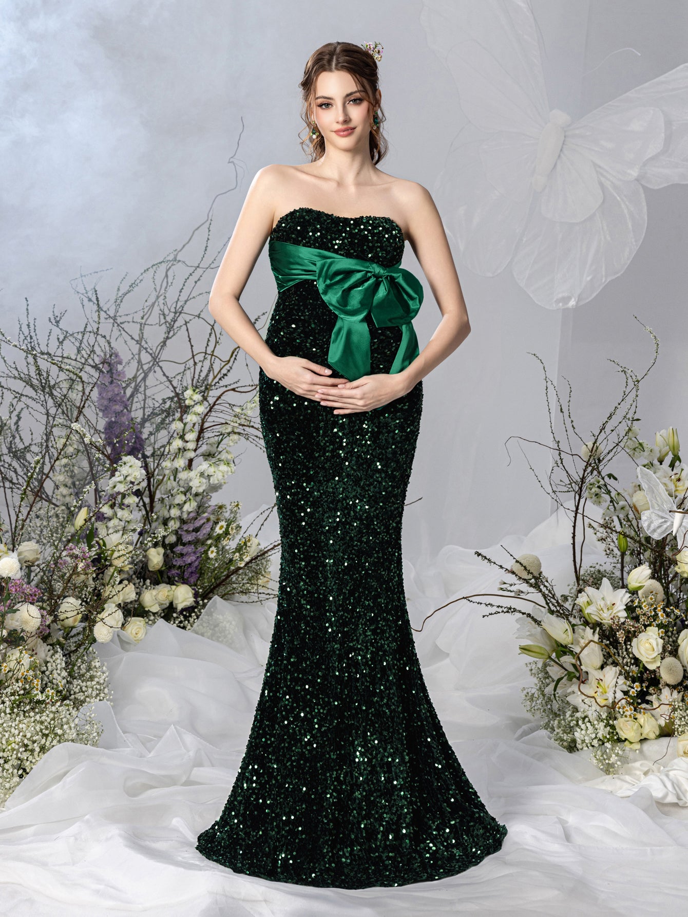 Maternity Bow Front Mermaid Hem Sequin Tube Dresses