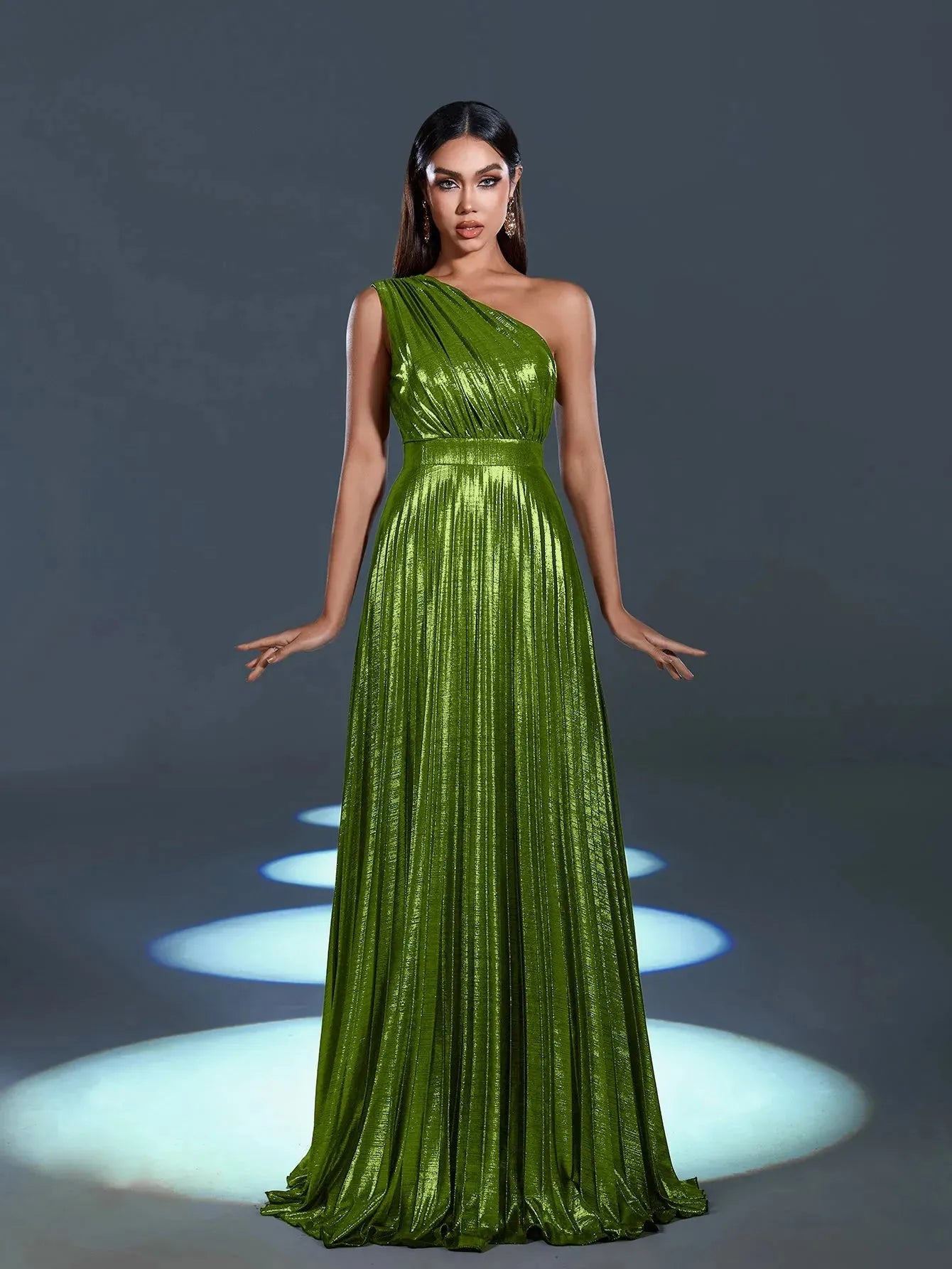 Metallic One Shoulder Sleeveless Pleated Evening Dress Bronze / L Metallic One Shoulder Sleeveless Pleated Evening Dress Bronze / L