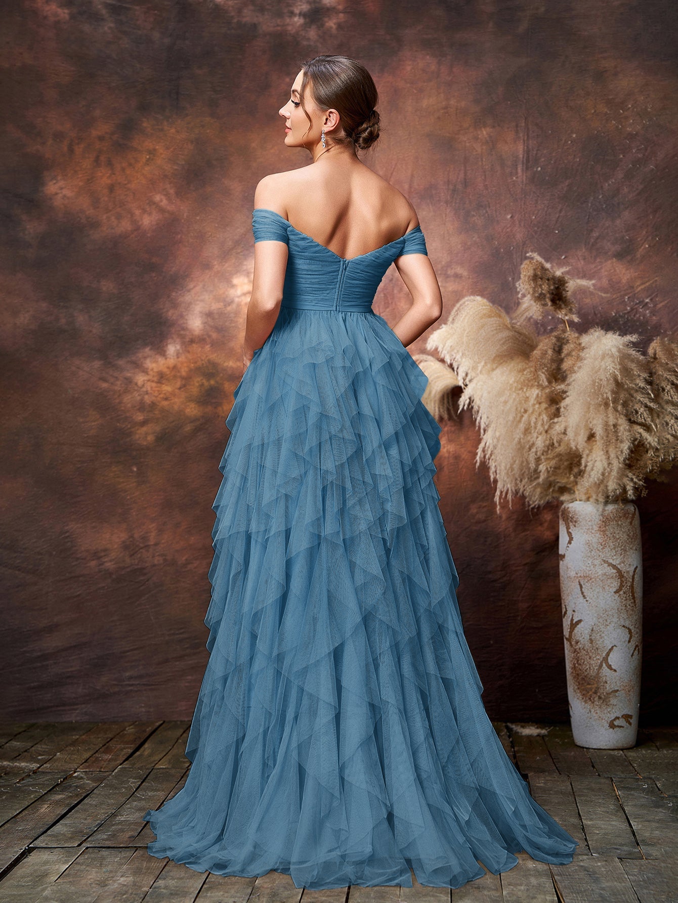 Maternity Off Shoulder Tiered Ruffle Hem Tulle Evening Dress