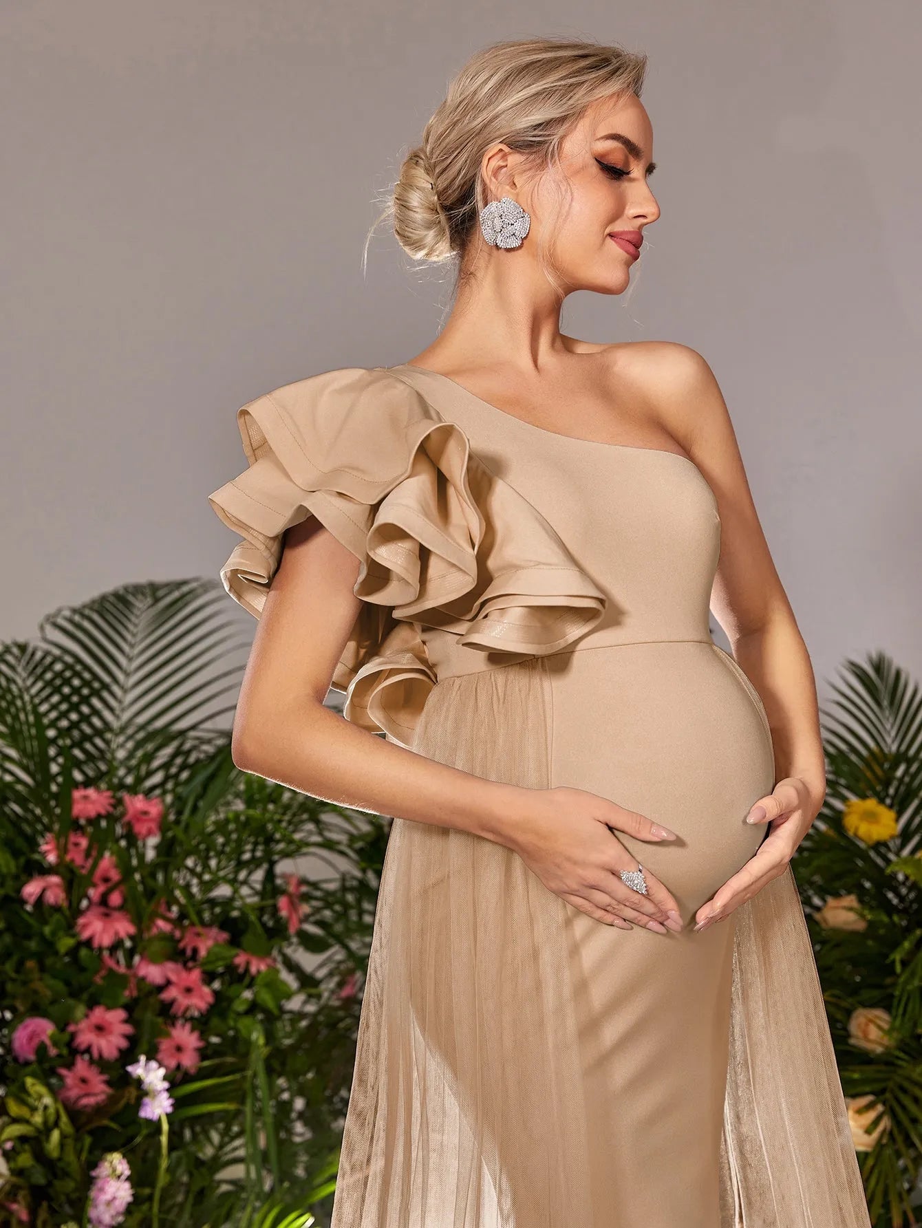 Maternity One Shoulder Ruffle Trim Mesh Overlay Mermaid Party Dress