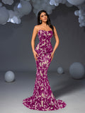 Elegant Strapless Mermaid Hem Floral Sequin Evening Dress